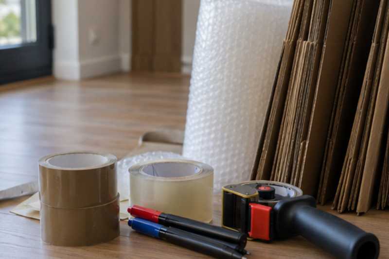 Rouleaux d'adhésif, marqueurs et cartons pliés sur un parquet