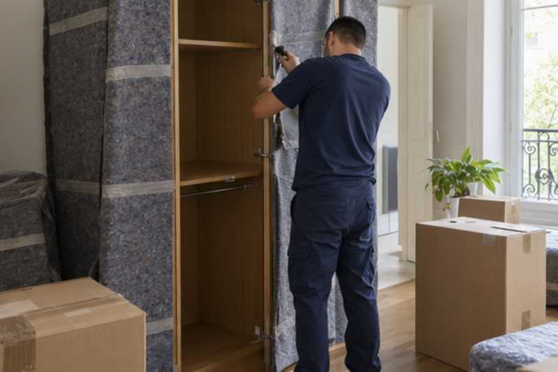 Déménageur qui démonte une armoire trois portes, panneaux protégés par des couvertures, appartement aux cartons fraîchement fermés
