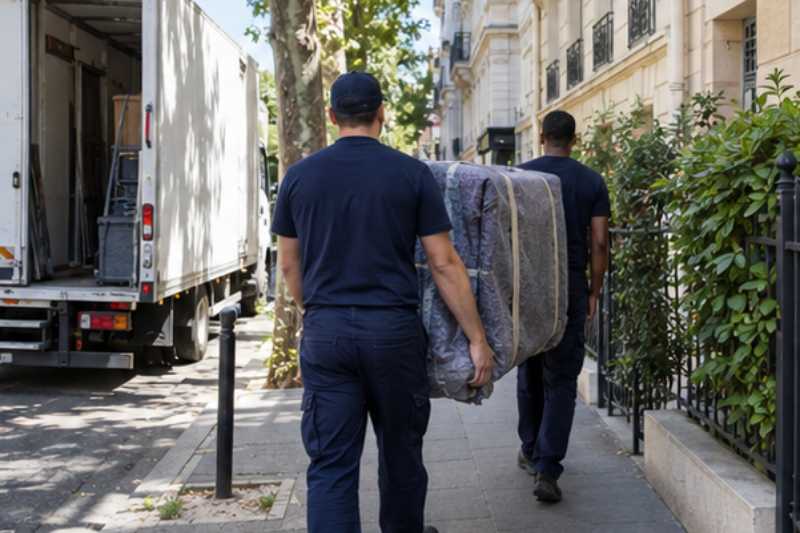 Deux déménageurs portent des meubles emballés sous couvertures, trottoir devant un immeuble, camion blanc en arrêt court