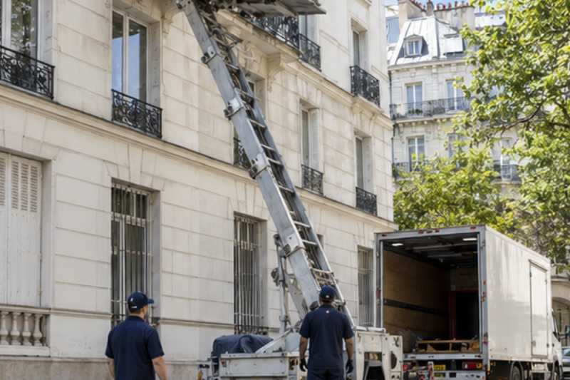 Monte-meuble déployé contre la façade d'un immeuble, canapé emballé qui descend