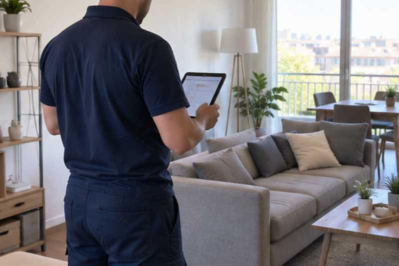 Déménageur qui estime le volume d'un salon avec une tablette