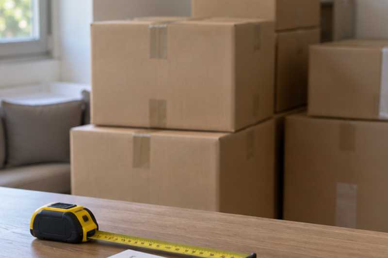 Cartons empilés à côté d'un mètre ruban dans une pièce