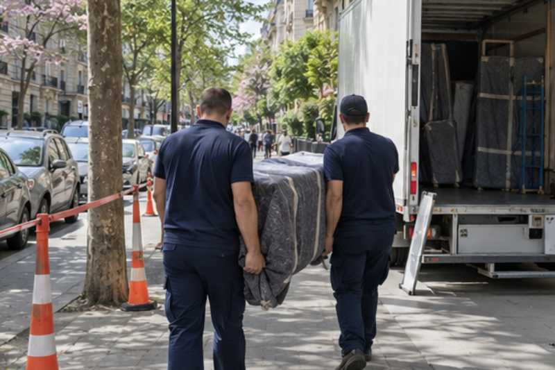 Deux déménageurs portent des meubles emballés sous couvertures, trottoir urbain dégagé par un balisage léger