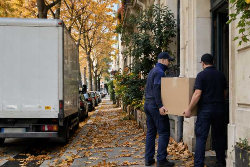 Déménagement par une journée d'automne, feuilles sur le trottoir