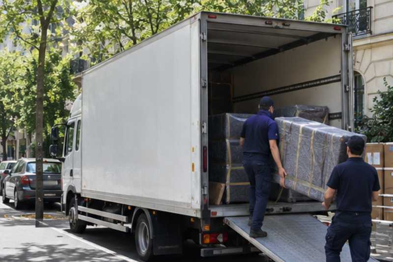 Rue ensoleillée de printemps avec un camion de déménagement garé