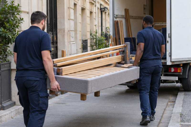 Déménageurs qui portent un sommier et les montants d'un lit démonté, trottoir devant un immeuble, camion blanc en arrêt court