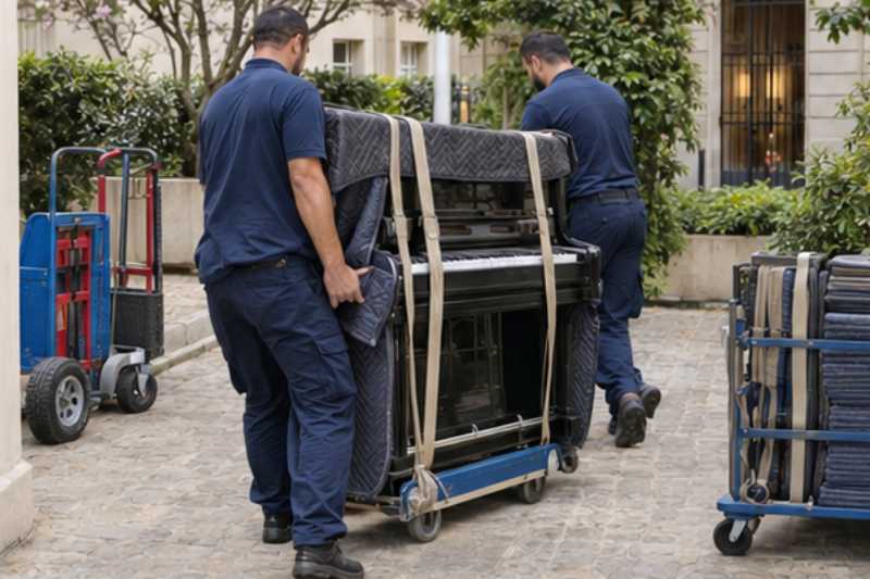 Déménageurs qui descendent un piano droit sanglé sur une luge, cour intérieure d'immeuble, chariots roulants