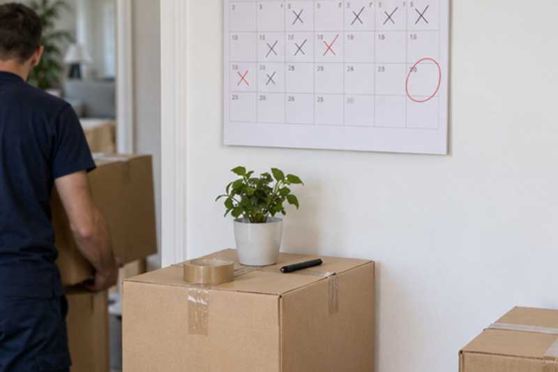 Calendrier mural avec des cases cochées au-dessus de cartons