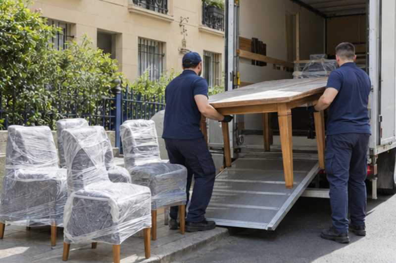 Déménageurs qui chargent une table en bois et six chaises emballées, rue résidentielle d'Île-de-France devant un immeuble