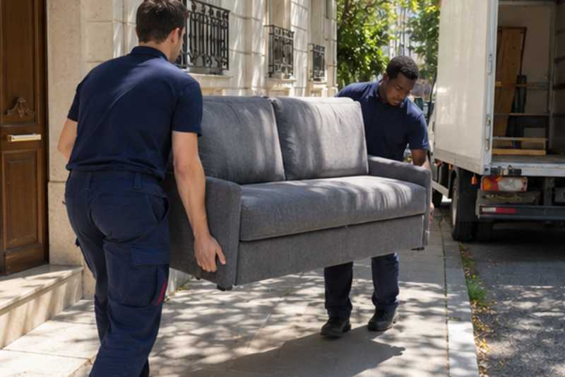 Deux déménageurs manœuvrent un canapé convertible lourd, trottoir devant un immeuble, camion blanc en arrêt court