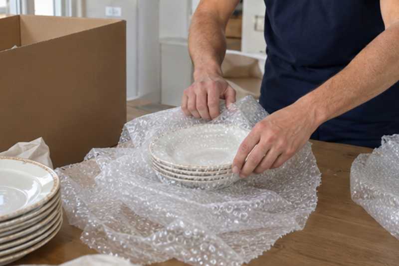 Mains qui emballent des assiettes dans du papier bulle sur une table