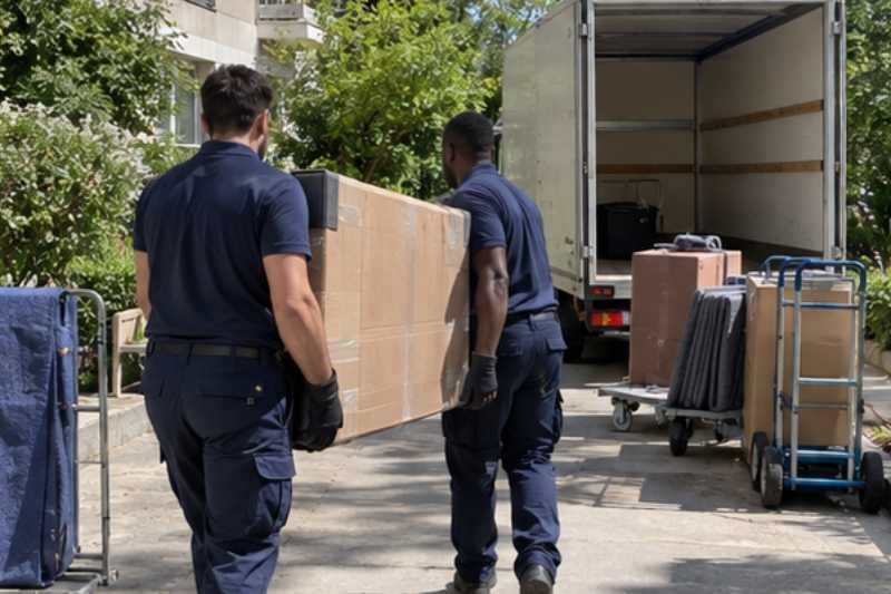 Deux déménageurs portent un grand téléviseur protégé par un carton épais, allée de résidence, chariots roulants vers le camion