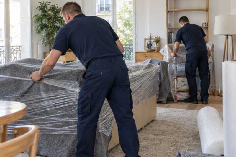 Équipe de déménageurs qui emballe des meubles dans un appartement lumineux