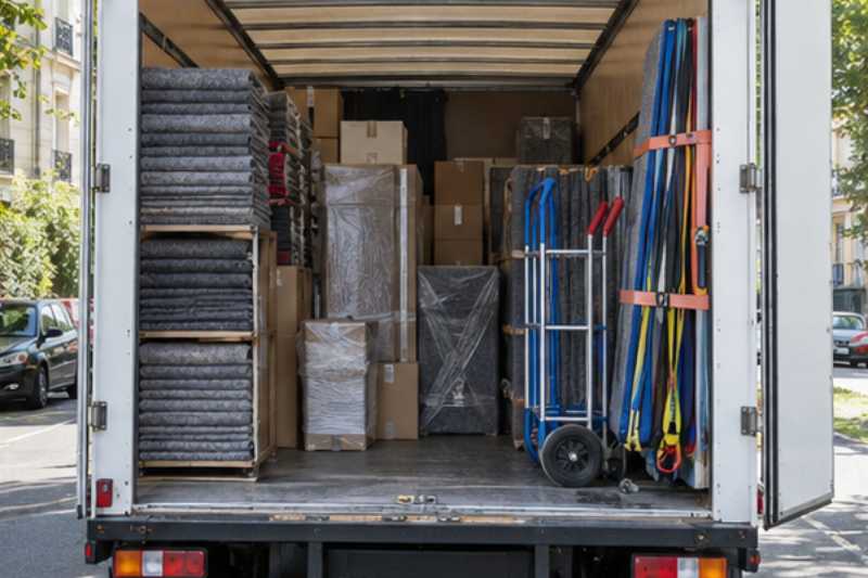 Camion de déménagement ouvert avec couvertures, sangles et diables rangés