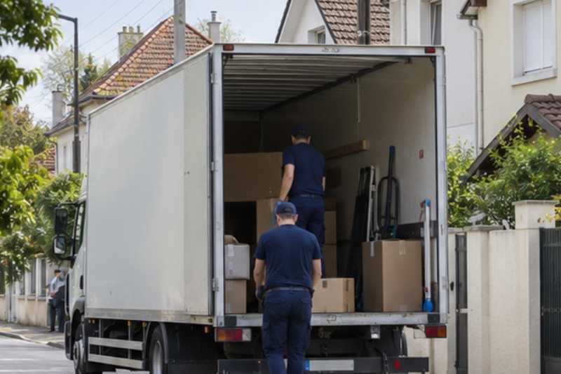 Vue d'une rue francilienne avec un camion de déménagement garé devant des pavillons